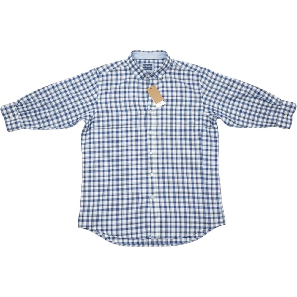 Johnston & Murphy Mens XXL Blue White Check Button Down Premium European Fabric